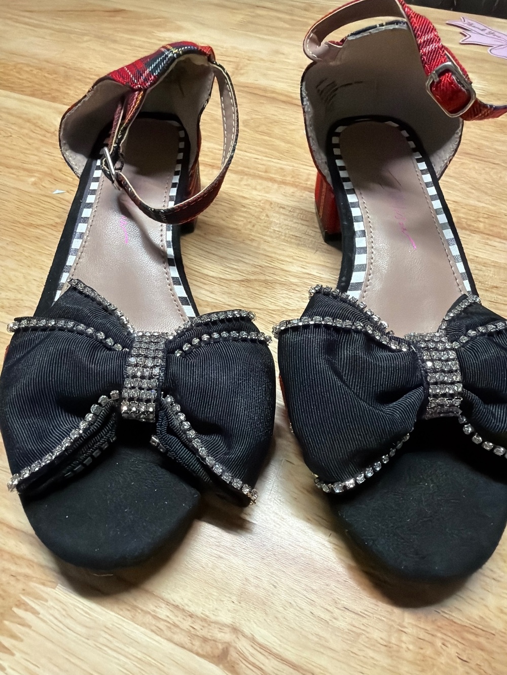 Chic Women's Open-Toe Heels with Rhinestone Bow and Red Plaid Ankle Strap